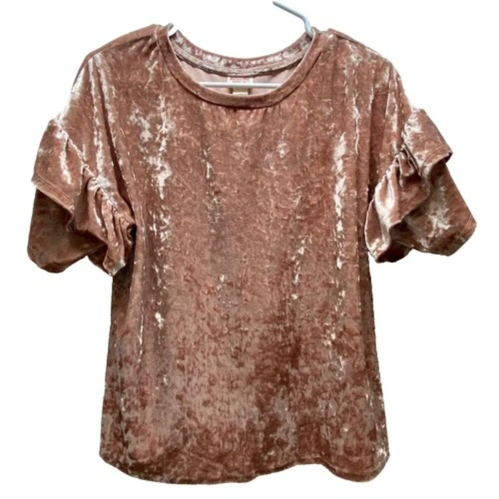 Mossimo Crushed Velvet Blouse Women's Medium Pink Shimmer Ruffle Sleeve EUC